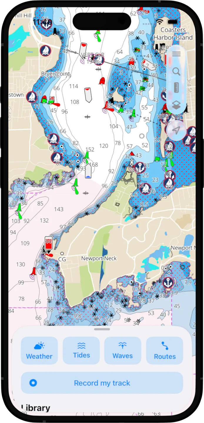 OceanPulse nautical chart with depth soundings, buoys, and one-tap access to weather, tides, and track recording