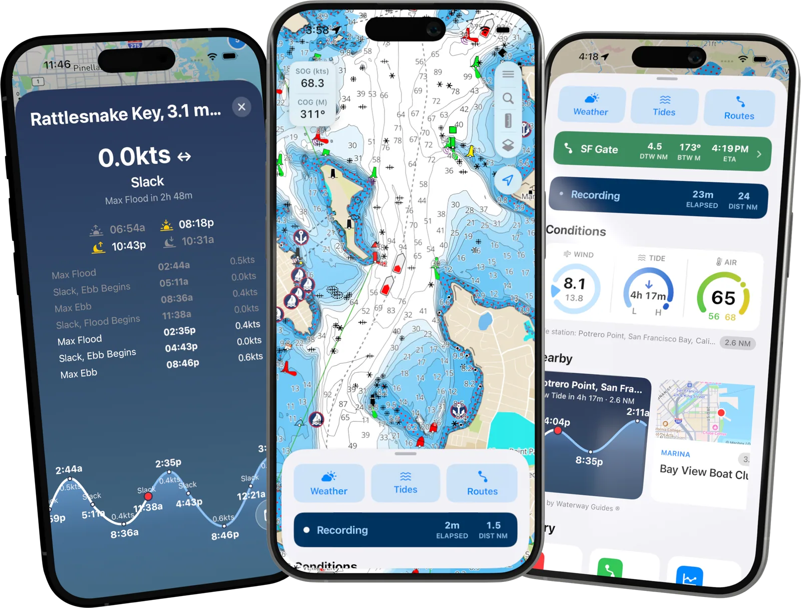 Three iPhones running OceanPulse: current predictions for Rattlesnake Key, a detailed harbor chart with live recording, and wind, tide, and air conditions near San Francisco
