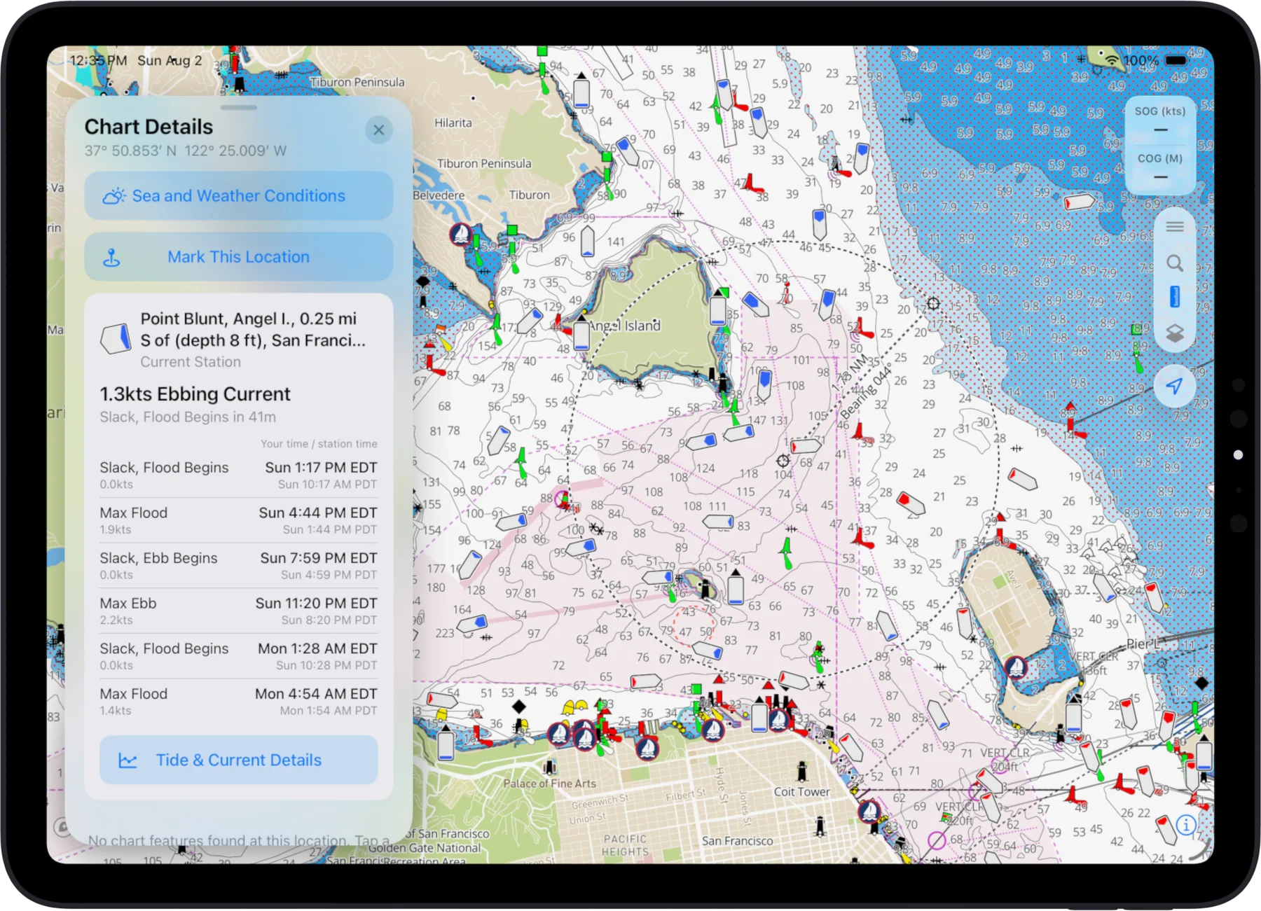 OceanPulse on iPad: a San Francisco Bay chart with a chart-details panel showing ebbing current and upcoming tide events