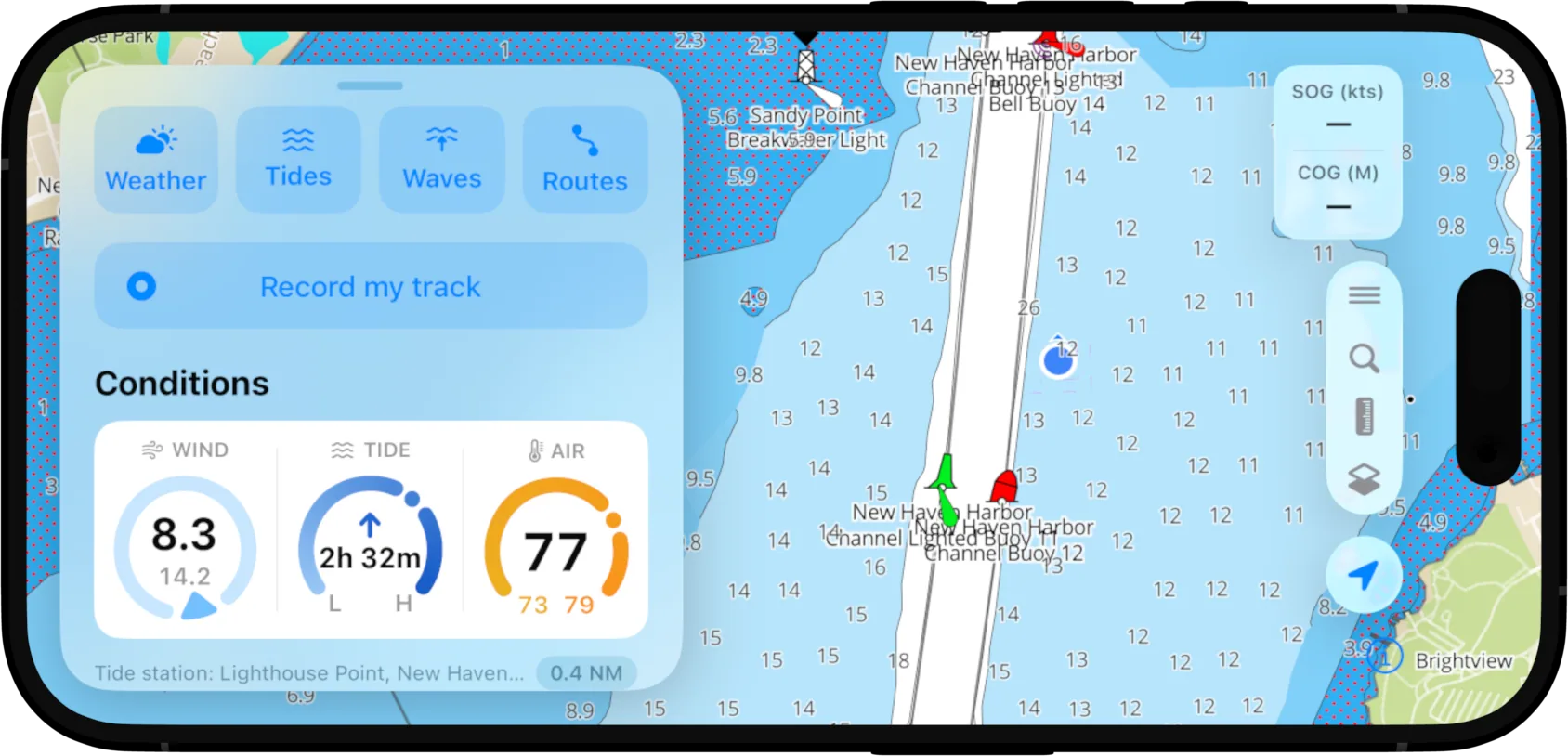 iPhone in landscape at the helm: OceanPulse shows the boat's live GPS position in a marked channel with wind, time, and temperature readouts