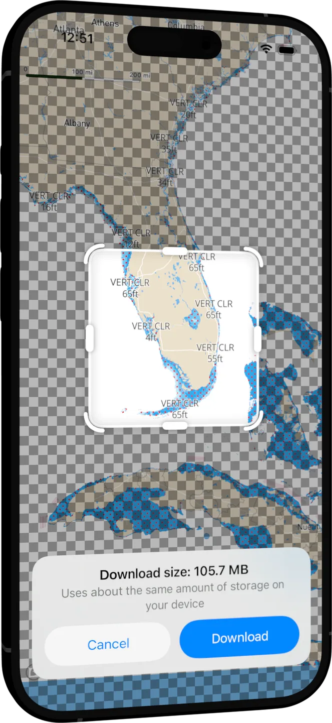 OceanPulse offline download screen selecting a region of Florida with the download size shown up front