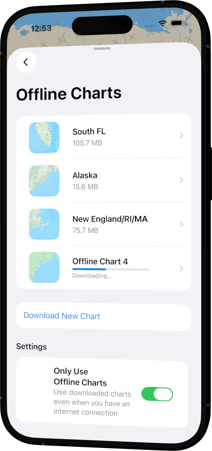 OceanPulse offline charts manager listing downloaded regions with an only-use-offline-charts toggle