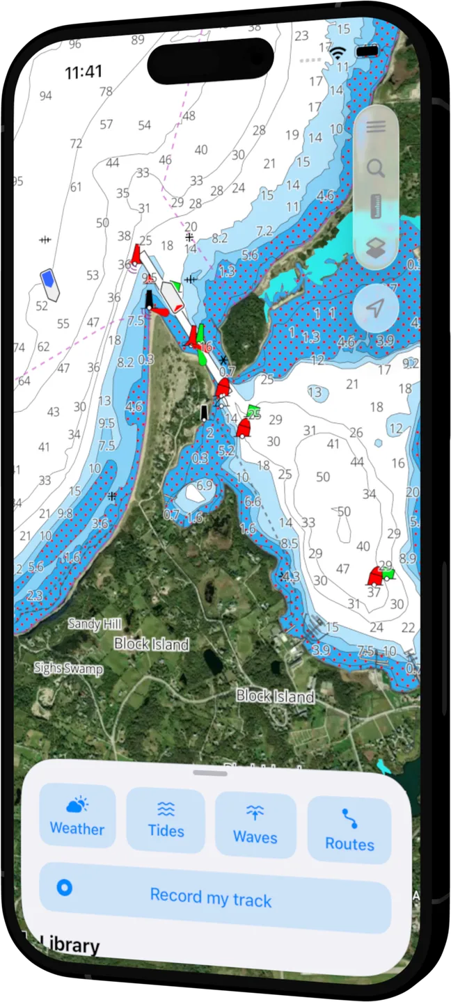OceanPulse hybrid satellite view blending aerial imagery with chart markers