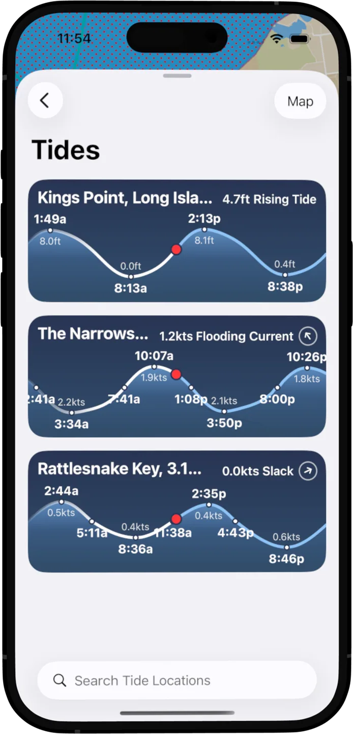 OceanPulse tide list showing rising and falling curves for nearby stations