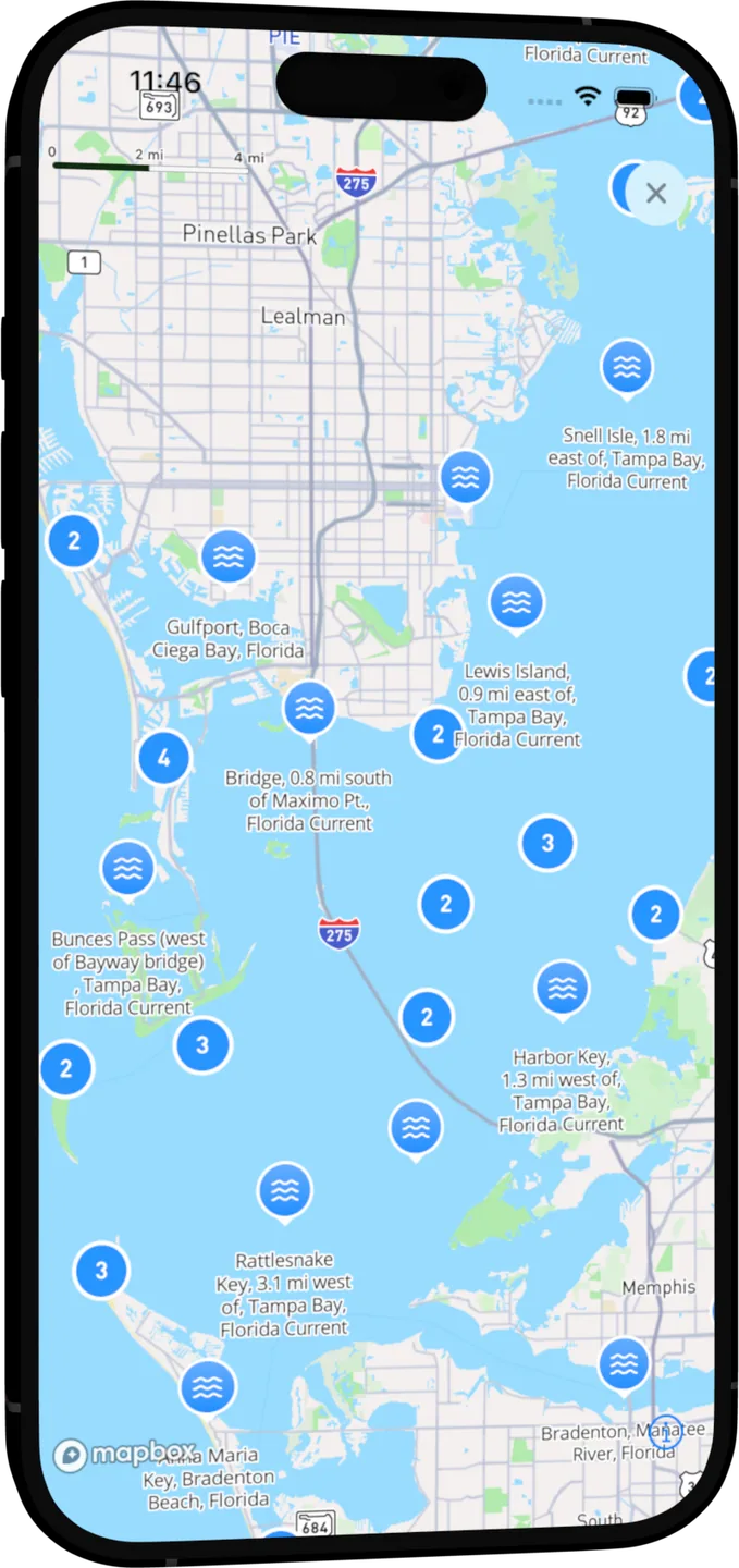 OceanPulse map of Tampa Bay dotted with tide and current stations