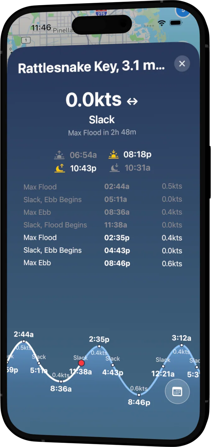 OceanPulse current station detail with slack, flood, and ebb times and a prediction curve