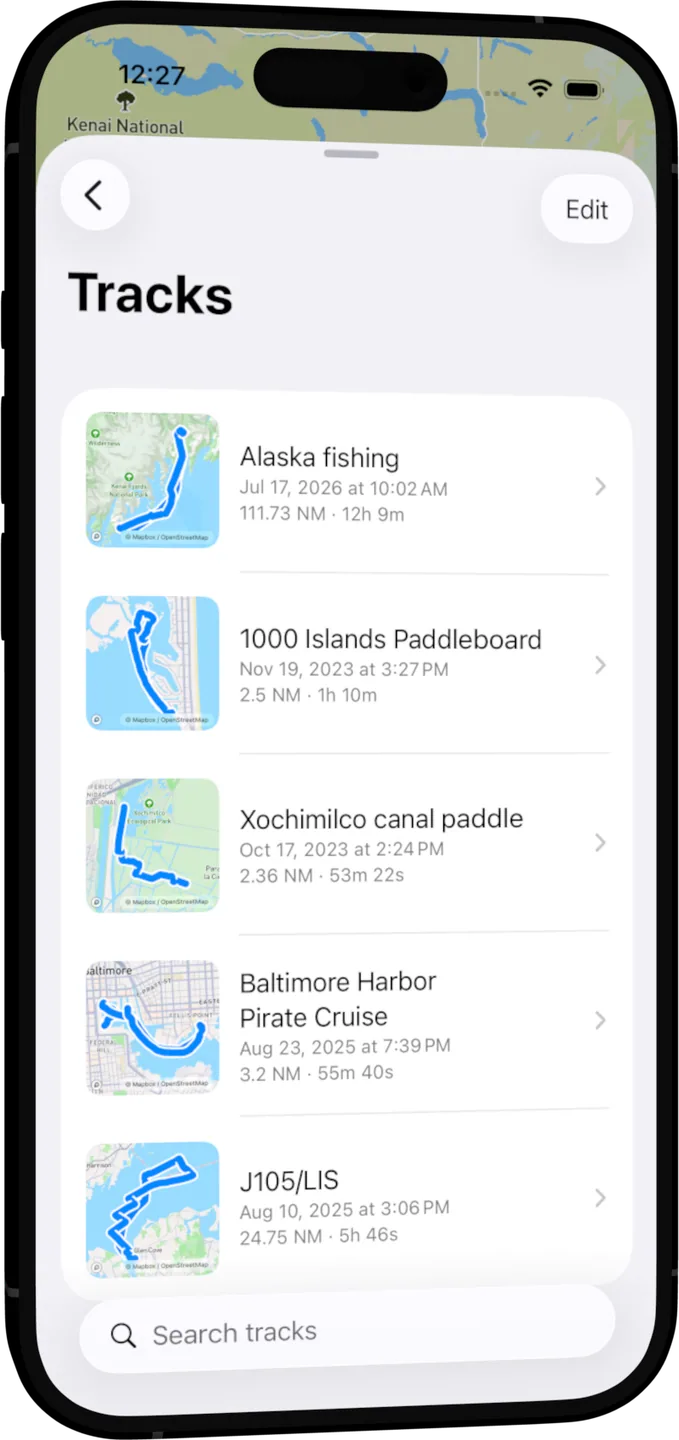 OceanPulse track list with course thumbnails for each recorded trip