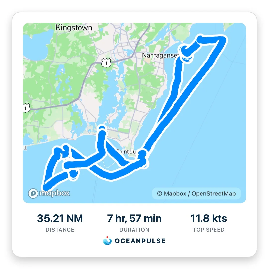 Shareable OceanPulse trip card: a 35.21 nautical mile route around Narragansett with duration and top speed